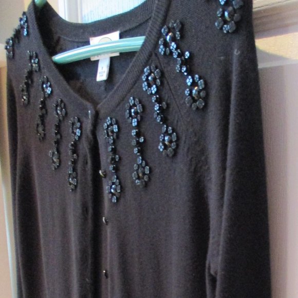 NWOT Talbot's Black Beaded Dress Cardigan, Silk/Cotton/Cashmere Petite Small - Picture 6 of 10